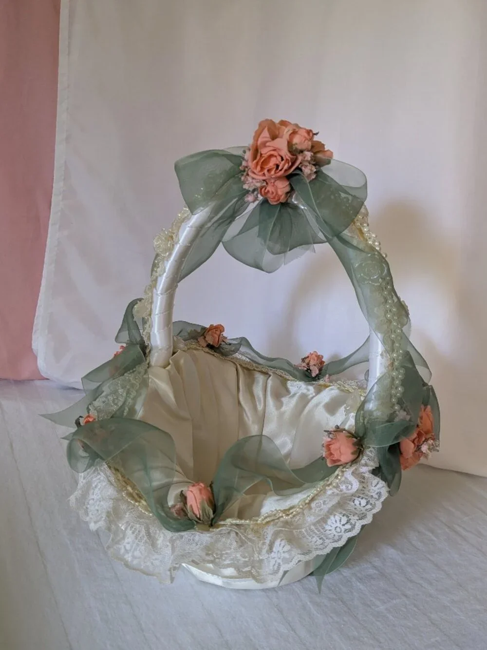 Handmade Lace Pearls Roses & Satin Wedding Baby Cheer Gift Basket